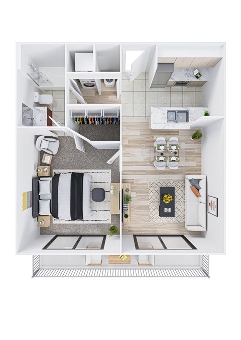 Floor plan for 1 bed, 1 bath, 635 sqft
